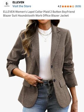 Brown Houndstooth Boyfriend Blazer - Lapel Collar, 2-Button